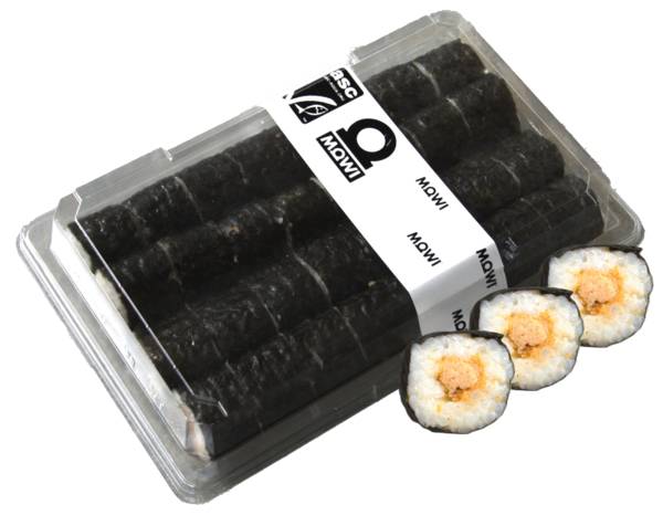 MOWI Sushi Hosomaki z gotowanym ryżem i sałatką z łososia atlantyckiego 32 szt., 486,4 GR/PA , zawinięte w suszone wodorosty