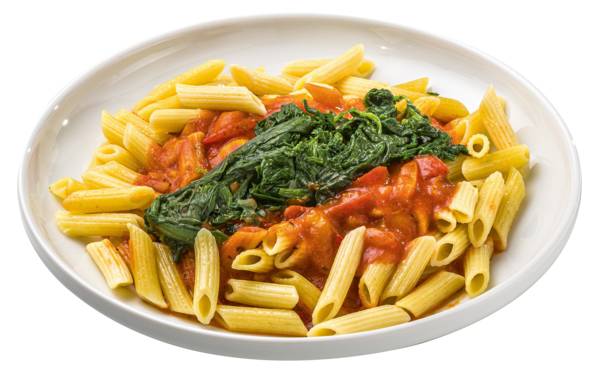 Penne mit Tomatensauce und Spinat