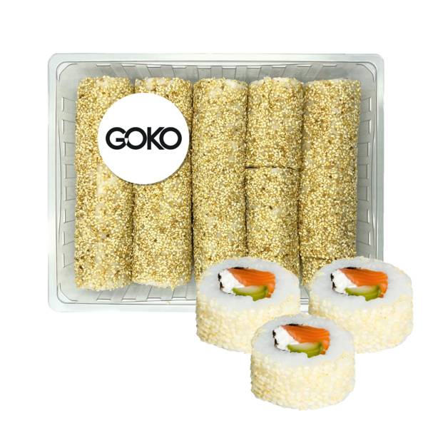 GOKO TOMEI Sushi Uramaki sake, california roll, 35 szt., 1,21 KG/PA , z łososiem surowym, serkiem śmietankowym, szparagiem gotowanym i sezamem