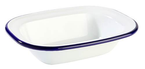 Skål Enamelware 16 x 12 cm, H 3,5 cm, vit med blå kant, emaljerat stål
