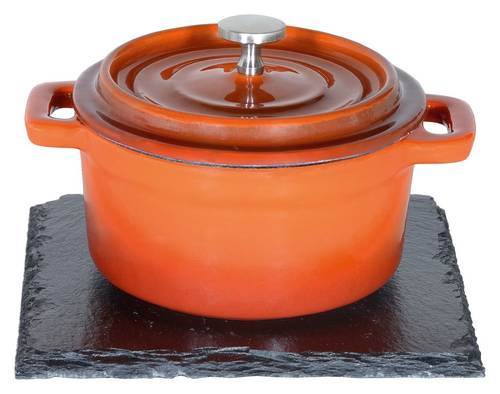 Gjutjärnsgryta mini Ø10cm m/lock & skifferplatta, ugnsfast +240C, orange shadow