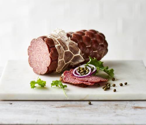 Hammel spegepølse (krosalami) i net, formet som blomst, ca. 2 kg