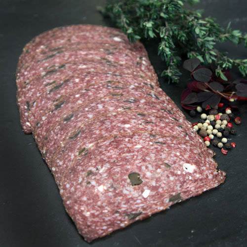 Oksespegepølse med ost og oliven, (svine spæk), skiver, 500 g