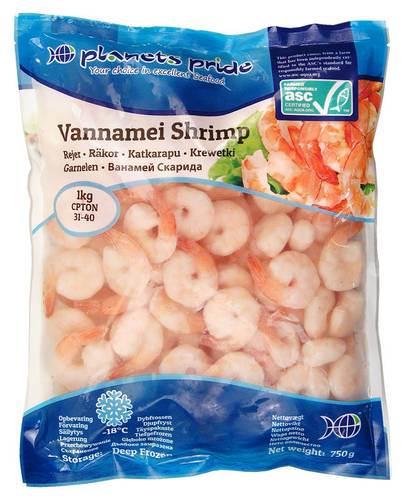 ASC Vannamei rejer, kogte, pillede, med hale, 31/40, 750 g