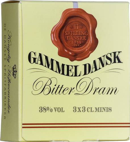 Gammel Dansk Bitter 38%, småflaskor, 36 x 3 cl