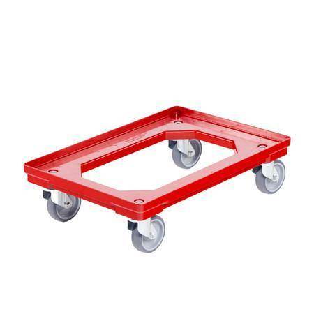 Tralla 61 x 41 x 17 cm, 4 galvaniserade gråa länkhjul i gummi, röd ABS-plast