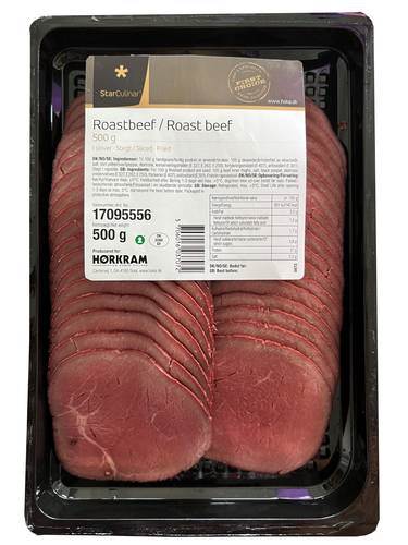 Roastbeef i skiver, ca. 33 skiver á ca.15 g, taglagt, 500 g