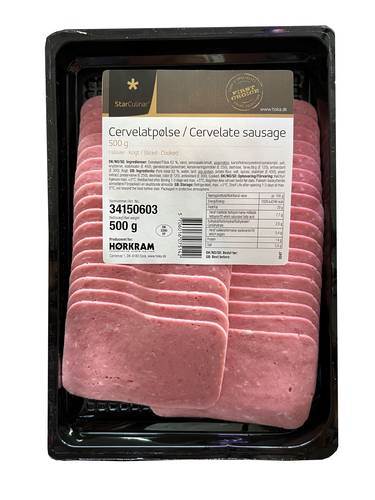 Cervelatpølse, 34-36 skiver x 14 g, taglagt, 500 g